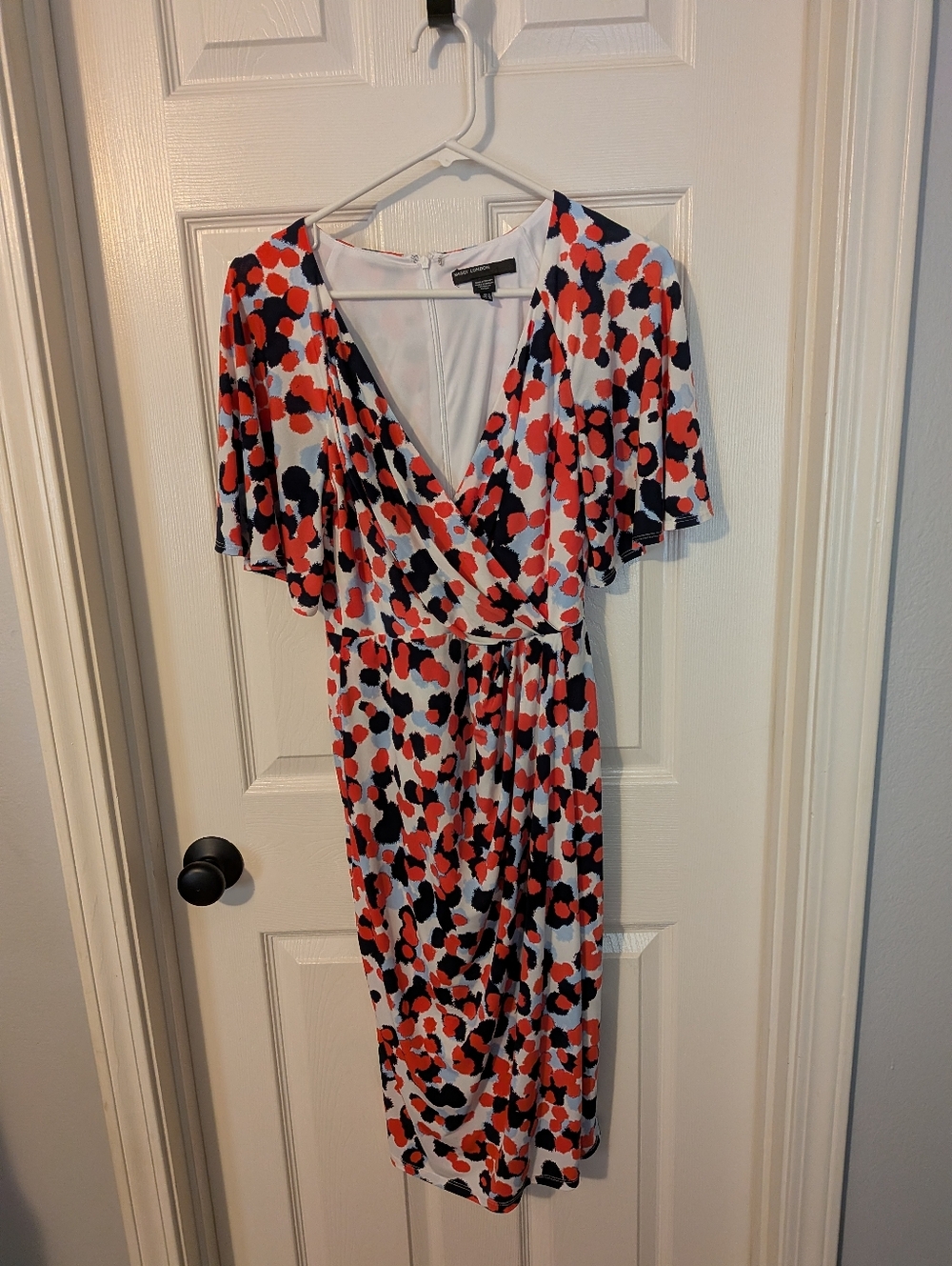 Maggy London Coral, Navy & White Patterned Wrap Midi Dress, Sz. 6